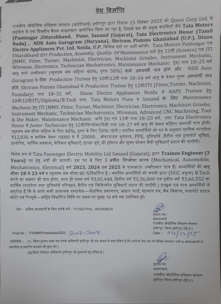 आईटीआई हमीरपुर में टाटा और अन्य बड़ी कंपनियां 15 को लेंगी साक्षात्कार